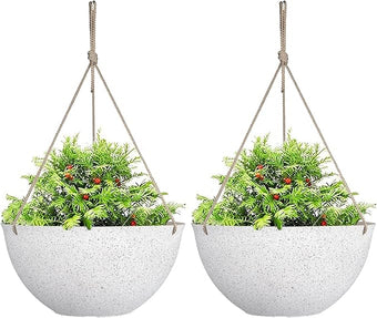 LA JOLIE MUSE Large Hanging Planters for Outdoor Plants - 13 Inch Hanging Flower Pots Set of 2, Speckled White
