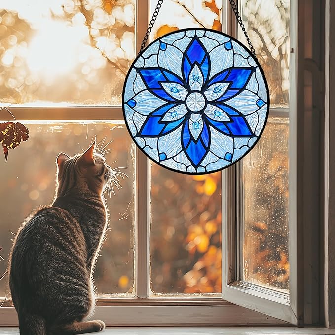 AMDERVEN Stained Glass Window Hanging, Blue Tiffany Style Flowers Sun Catcher for Window Door Home Decor Suncatcher Christmas Mother's Day Birthday Gifts for Women Men Mom and Nana 7.8 in