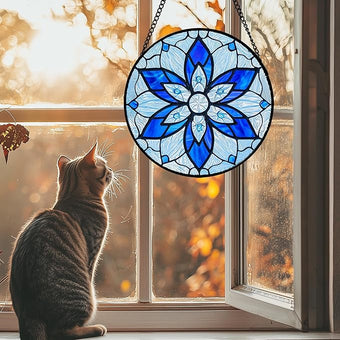 AMDERVEN Stained Glass Window Hanging, Blue Tiffany Style Flowers Sun Catcher for Window Door Home Decor Suncatcher Christmas Mother's Day Birthday Gifts for Women Men Mom and Nana 6.3 in