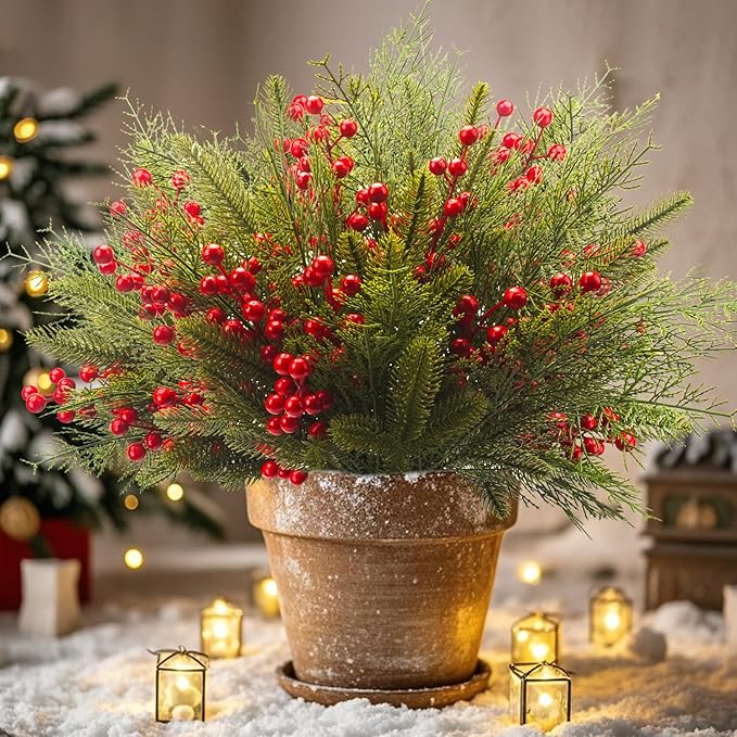 Grunyia 90 PCS Artificial Pine Branches Cedar Stems with Red Holly Berries - Perfect Faux Pine Greenery Stems for Christmas Tree, Wreath & Garland DIY Crafts Holiday Home Decoration