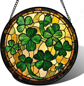 QZQCBLC Stained Glass Window Hanging Green Retro Lucky Clover 7.8" - Suncatcher Door Garden Sun Catcher Ireland Decor Birthday Mother's St. Ripack's Day Gift for Woman Mom Men Friend Nana Wife
