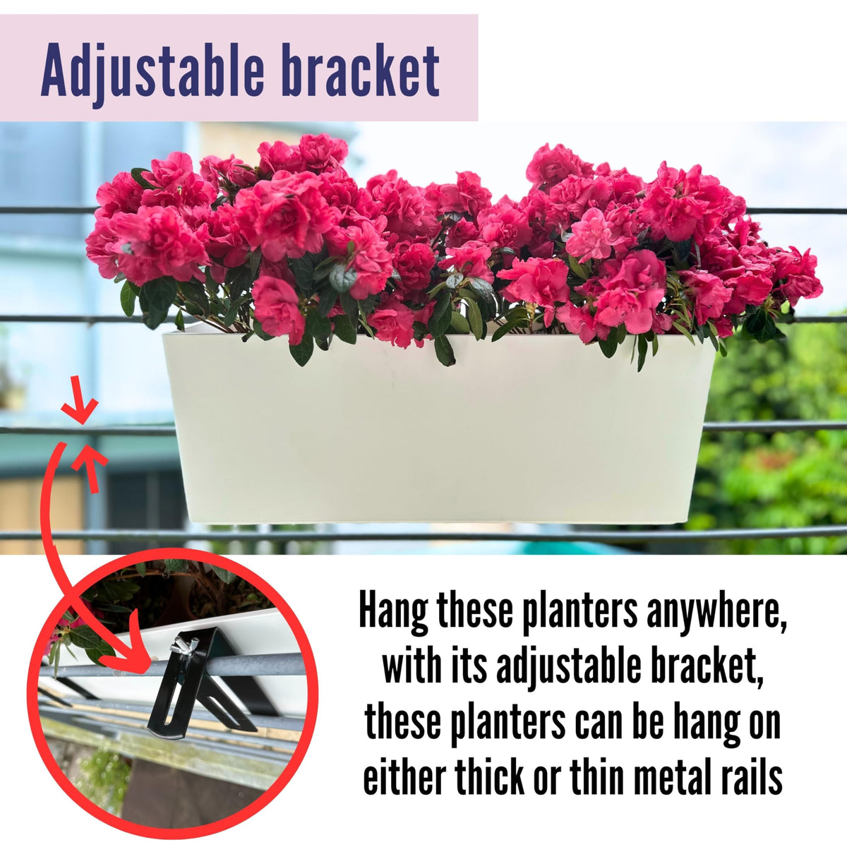 LaLaGreen Railing Planter Box (20 Inch, 4 Pack) White Rectangular Window Flower Boxes with Bracket, Self Watering System Hanging Planter Box for Outdoor Plant Pots Container Deck Rail Fence Balcony