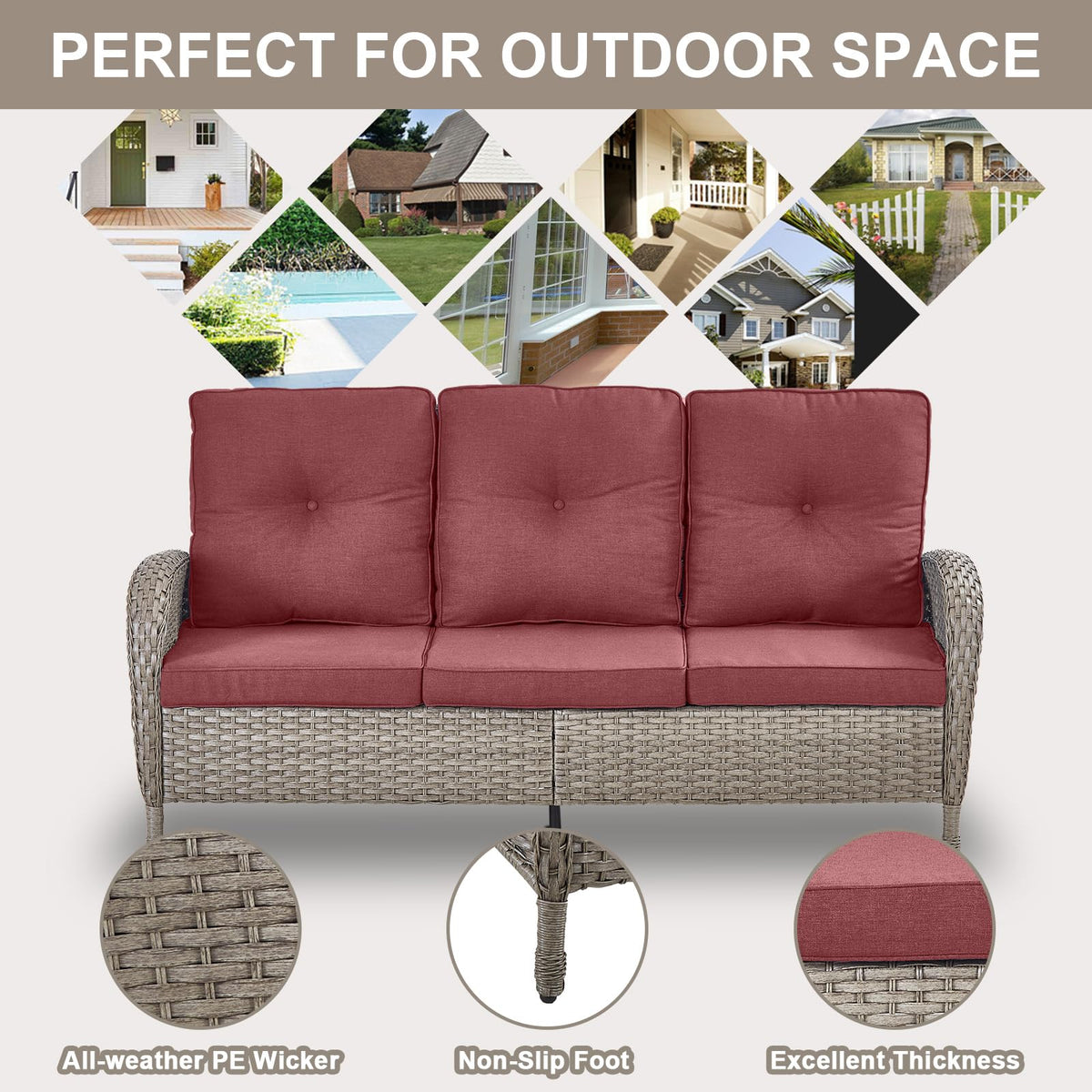 Belord Wicker Outdoor Furniture Set - 7 Piece Patio Conversation Sets with Comfort Swivel Rocker Glider Patio Chairs Set of 2 and Rattan Sofa, Tempered Glass Coffee Table and Side Table,Gray/Red