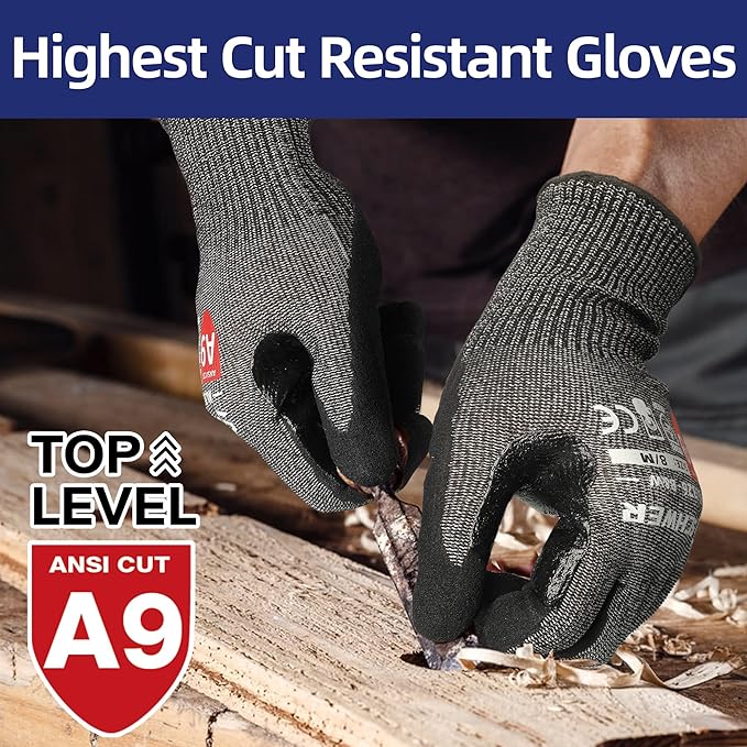 Schwer 12 Pairs ProGuard Highest Level Cut Resistant Work Gloves PR3326 for Extreme Protection，ANSI A9 Cut Gloves with Reinforced Thumb, Non Slip, Breathable, Durable, Touch-screen, Black (M