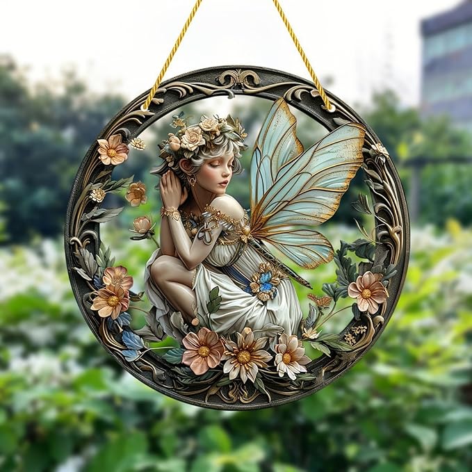 Flower Fairy Garden Decorations Angel Wing Christmas Halloween Deco Statue Art Elf Sculpture Hanging Craft for Outdoor Yard Courtyard Lawn Patio Window Acrylic Ornament Home Gift (A,S: 6*6 IN)