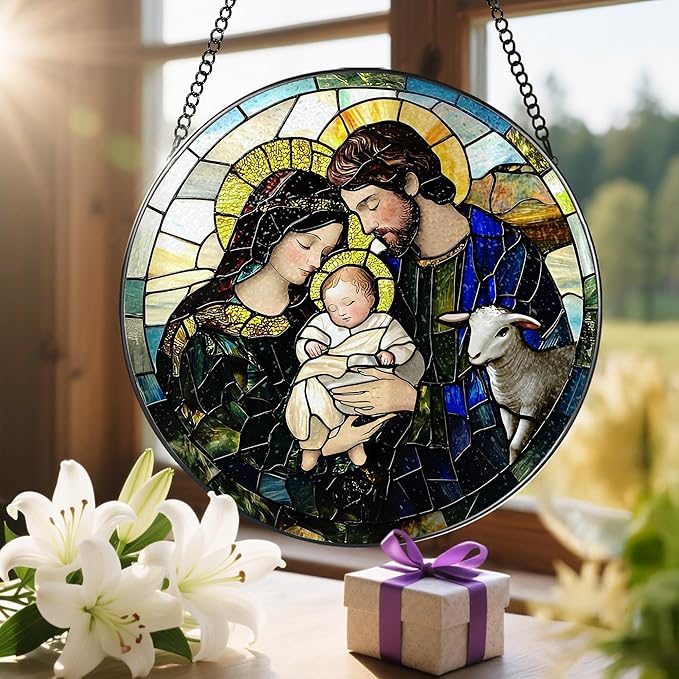 8-Inch Nativity Scene Stained Glass Suncatcher Ornament, Christian Stained Glass Window Hanging, Religious Ornament, Christmas Hanging Decor — Gifts for Christmas, Christian Gift, Religious Gift