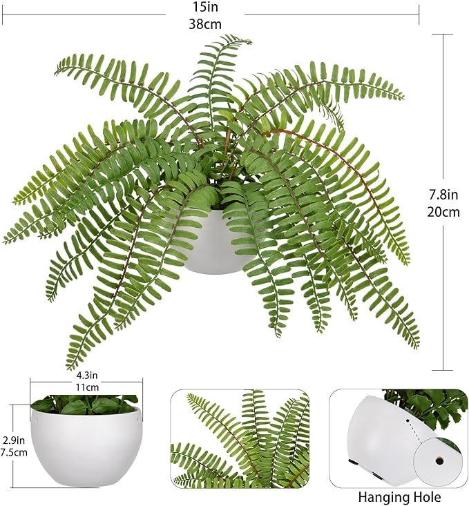 Hollyone Artificial Fern Potted Plant for Outdoors Indoors Lifelike Faux Boston Fern Artificial Plants in White Pot for Garden Patio Home Farmhouse Windowsill Office Decoration