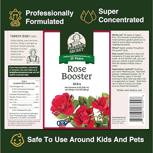 Farmer's Secret Rose Booster Fertilizer (128oz) - Super Concentrated - Formulated for All Types of Roses Throughout The Life Cycle - Encourages Healthy Growth and Vibrant Blooms