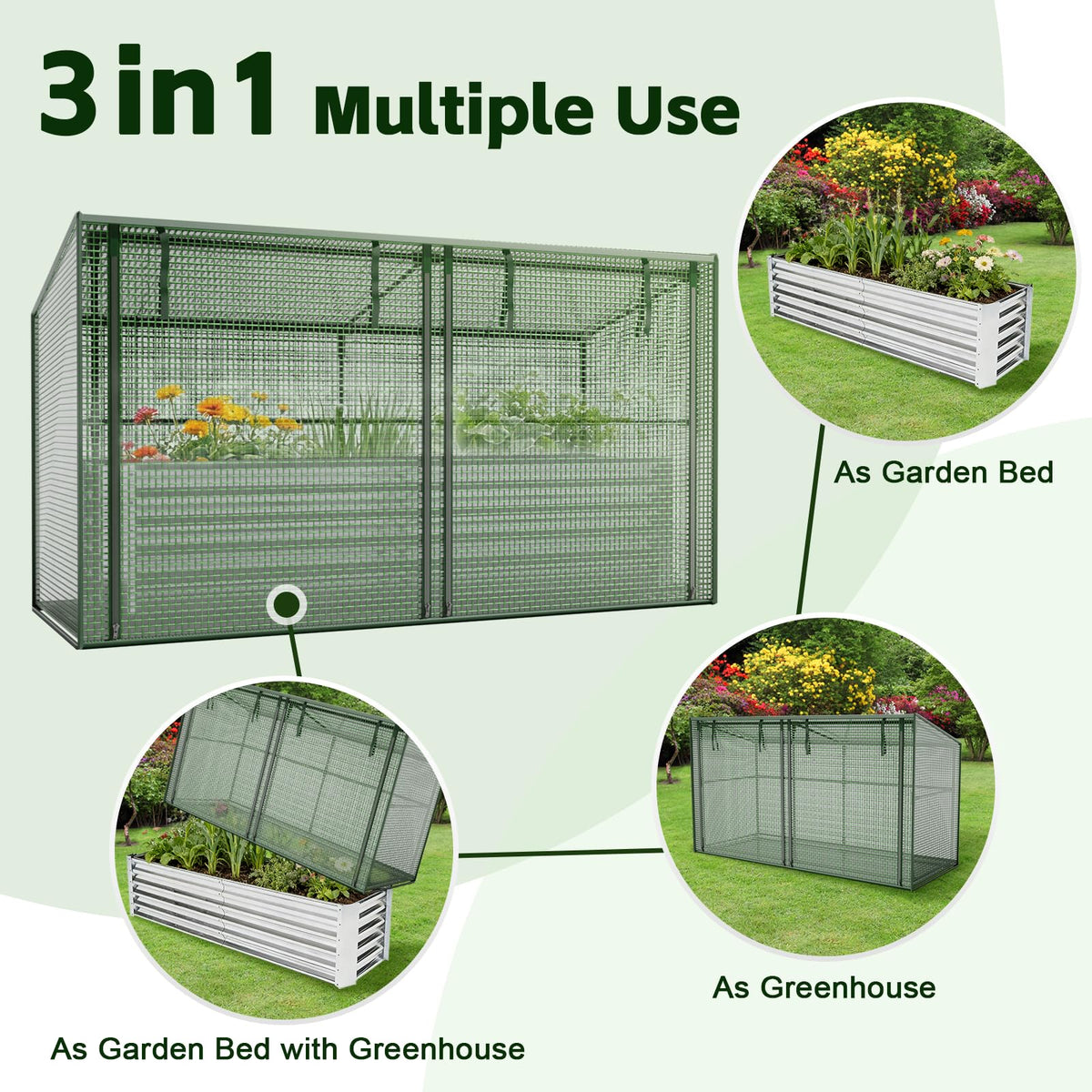 HEAHOLD 3-in-1 Raised Garden Bed 80"x24"x17" with Greenhouse Cover