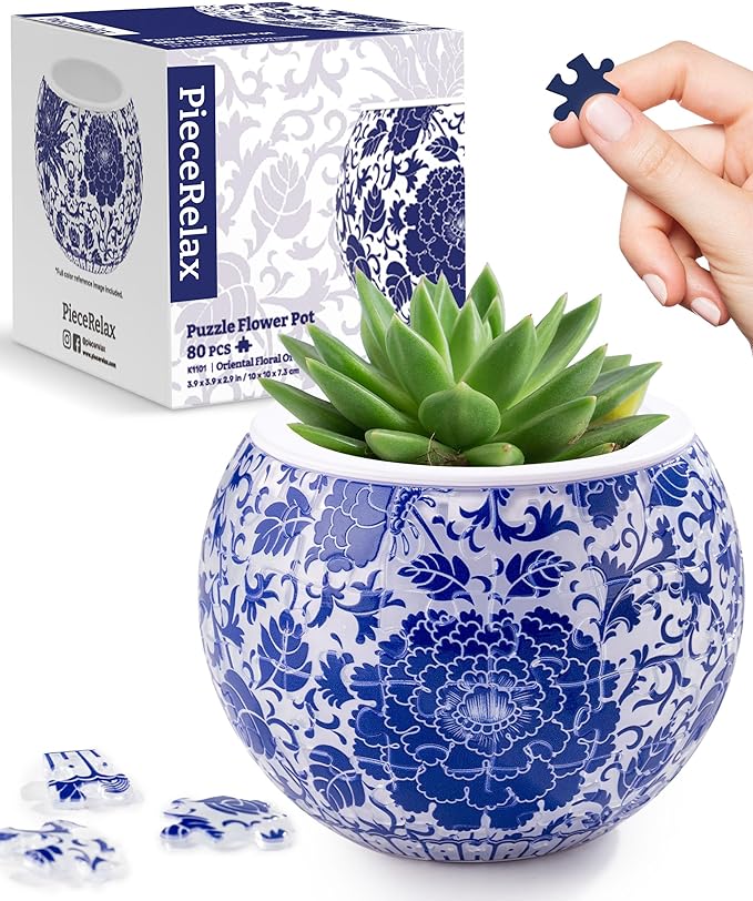 PieceRelax 3D Puzzle Planter - Oriental Floral Ornament - Small Round Plant Pots with Drainage, Home Decor Flower Pots for Indoor Cactus, Succulents Pots [K1101]