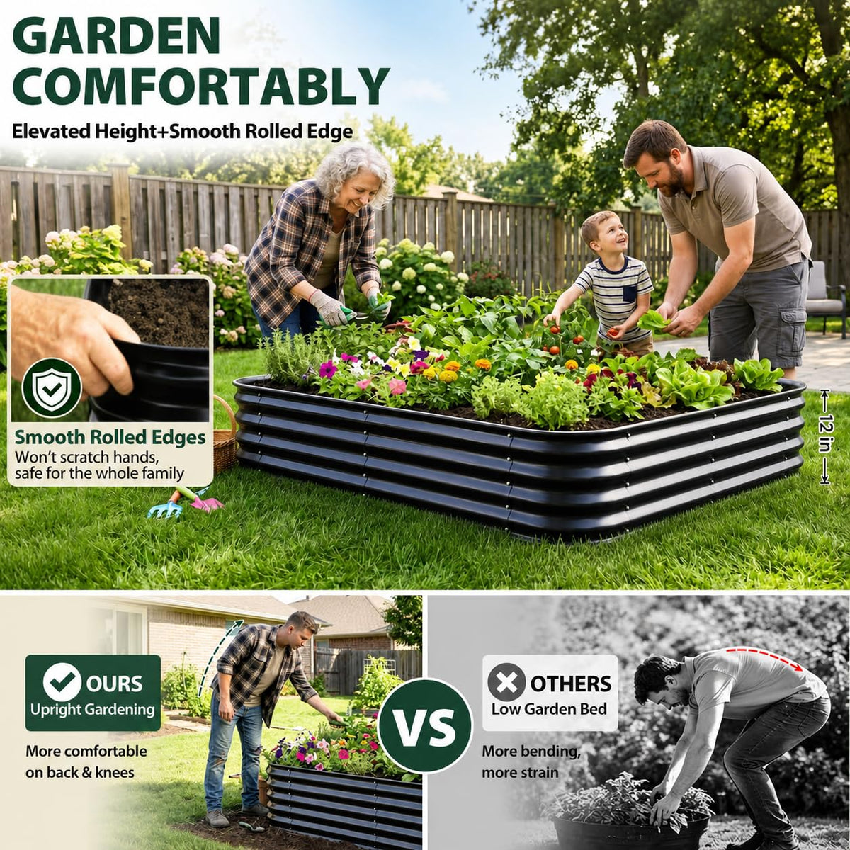 Square Raised Garden Bed 4x4 ft for Vegetables, Herbs & Flowers, 12" Deep