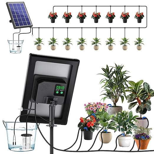 Biling 4W Solar Drip Irrigation System with Digital Programmable Smart Watering, 2200mAh Battery Backup for 15 Potted Plants Outdoor Indoor Garden