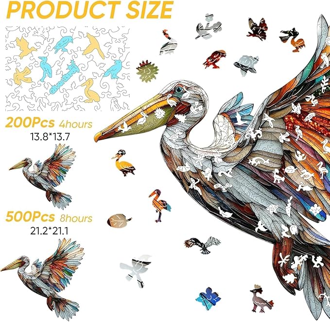 Qiuenisray Wooden Puzzles for Adults, Stained Glass Pelican Jigsaw Puzzles 200 Piece, FSC Certified Unique Animal Shape Puzzles Pieces, Wall Decor, for Family Friend 13.8x13.7 in