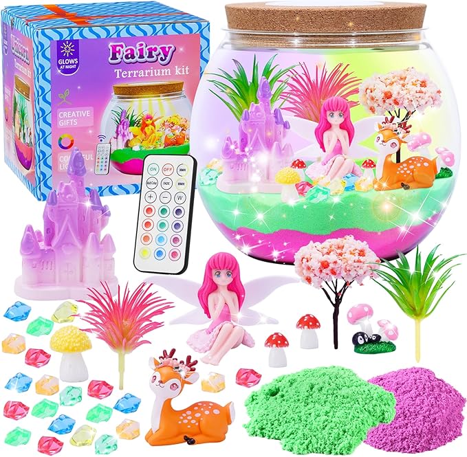 Hannstar Fairy Garden Light Up Terrarium Kit for Kids - LED Night Light Birthday Gift for Girls Ages 4 5 6 7 8 10 12 Years Old - Creative Toys for Girls - DIY Arts and Crafts Kit for Kids