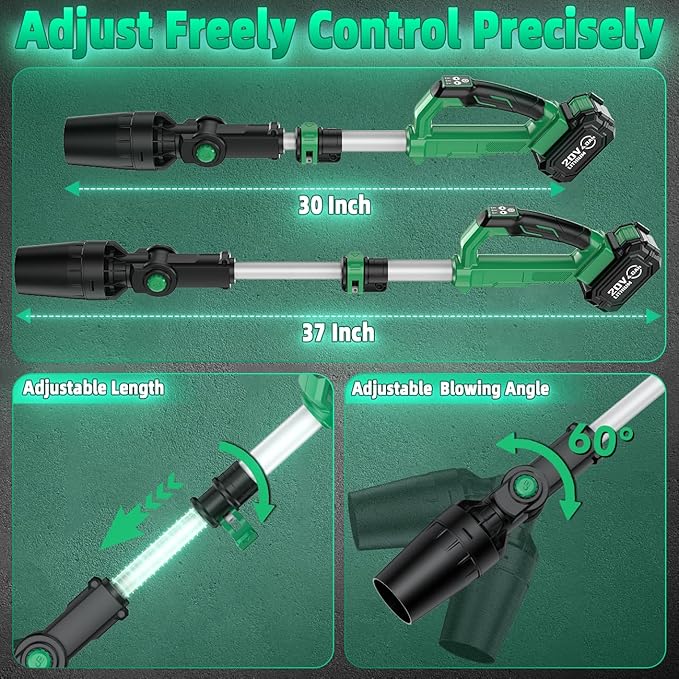 KIMO Leaf Blower for Gutters, 310000RPM, 37Inch Telescopic Pole, 750CFM 280MPH, 3 Speeds w/Smart Panel, Lightweight 2.5Lb, 4.0Ah Battery Operated Leaf Blower Cordless Leaf Blowers Gutter Cleaning Tool