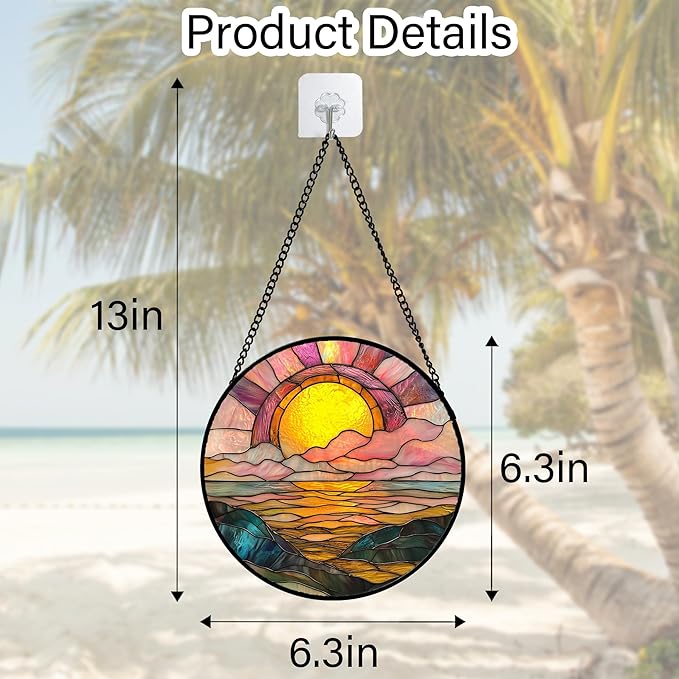 DASTOLL Stained Glass Window Hanging, Sunrise Over The Sea Suncatcher Diamond Glass Panel Hangings Abstract Sun Catchers Decor for Birthday for Women, Men, Wife, Aunt, and Mom 6.3 in