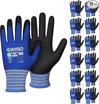KAYGO Safety Work Gloves MicroFoam Nitrile Coated-1 Pairs, KG18NB,Seamless Knit Nylon Glove with Black Micro-Foam Nitrile Grip,Ideal for General Purpose,Automotive,Home Improvement,M,Blue