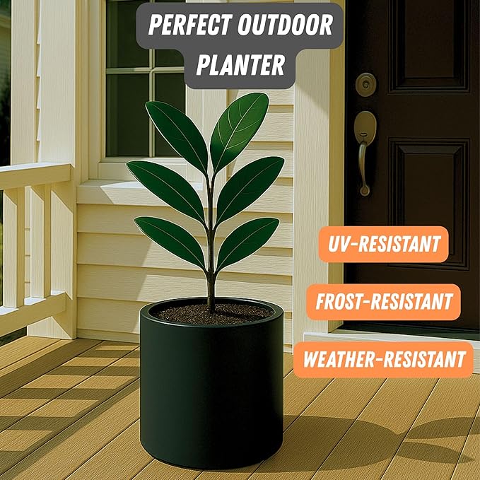 Fox & Fern 10 Inch Black Plant Pot with Drainage Plug — Premium Lightweight Fiberstone Matte Black Planter; 10 Inch Pots for Plants; for Indoor & Outdoor Use; Weather Resistant & UV Resistant