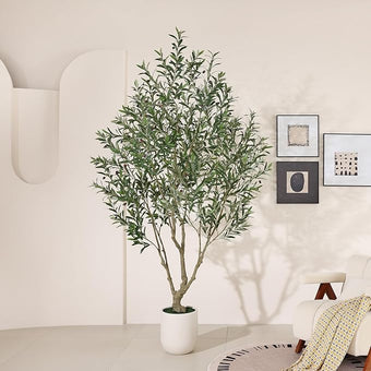 SOGUYI Olive Tree Artificial Indoor, 8FT Tall Faux Olive Tree with 11.5in White Cylinder Round Planter, Artificial Plants with Natural Wood Trunk and Lifelike Leaves for Home Office Decor