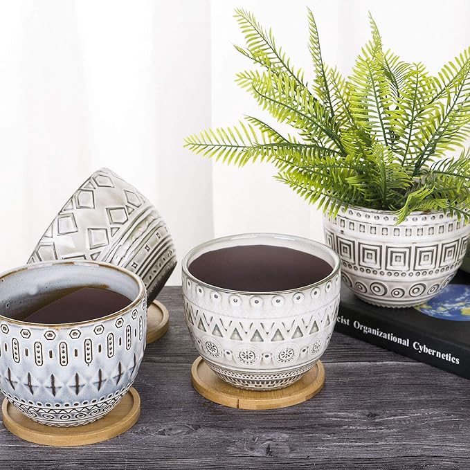 VanEnjoy 5.6 inch Large Round Bohemian Style Ceramic Planter, Geometry Engrave Off White Brown Succulent Planter Flower Pot, Indoor Outdoor Decorative Planter