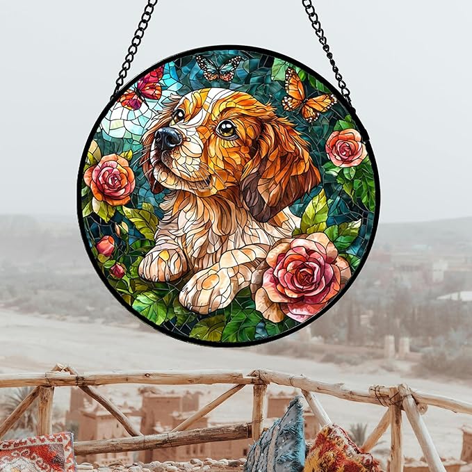 Stained Glass Window Hanging, Dog and Rose Suncatcher for Doors Home Butterfly Sun Catchers Decoration and Christmas, Mother's Day Birthday Gifts for Women, Men, and Mom 14.9x14.9 in