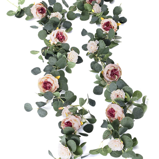 MISSPIN 2pcs Artificial Flowers Garland Spring Eucalyptus Garland Vintage Fake Flower Peony Rose Vine Greenery Decorative Wall Hanging Plant for Wedding Arch Door Arrangement Party Decor
