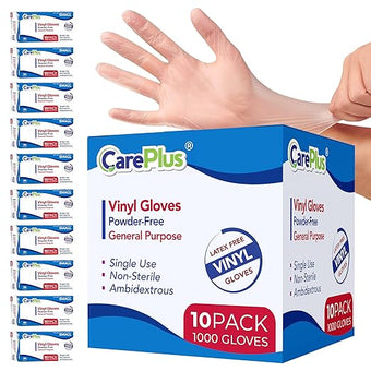 CARE PLUS Vinyl Gloves Clear Small Size 1000 Count | Heavy Duty, Non-Sterile, Powder-Free, Latex-Free Rubber | Food Prep, Kitchen & Cleaning Gloves, Ideal for Professional Use
