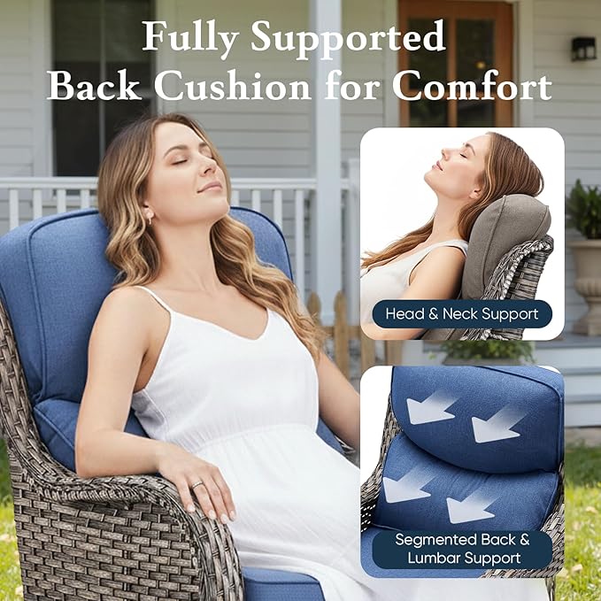 Belord Luxury 6" Thick Cushioned 10 Pieces Patio Furniture Set with Fire Pit Table, Wicker Outdoor Conversation Set with High Back Swivel Rocker Chairs for Deck Porch Yard and Poolside - Grey+Blue