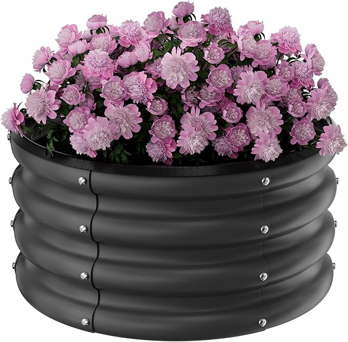 Round Galvanized Raised Garden Bed Kit, 2 x 2 x 1ft Jett Black Galvanized Garden Boxes, Outdoor for Vegetables