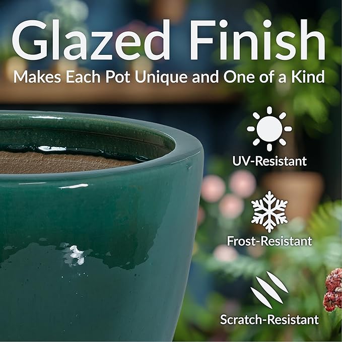Sunnydaze Large Ceramic Plant Pot - Round Outdoor Glazed Ceramic Planter Pot with Drainage - Resort - Dark Green - 14.5"