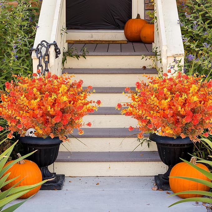AGIRL 12 Bundles Artificial Fall Flowers Outdoor Indoor Decoration,No Fade Autumn Fake Plastic Plants with Eucalyptus Leaves,Faux Mums for Thanksgiving Garden Front Door Porch Patio Fall Decor