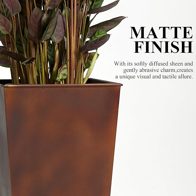 Worth Garden 12" Dia x 25" H Large Metal Planter Set of 2, Matte Bronze Retro Finish Tall Square Tapered Steel Plant Pots, Decor Flower Pot Indoor & Outdoor, Drainage Hole & Dual-Purpose Plant Saucer