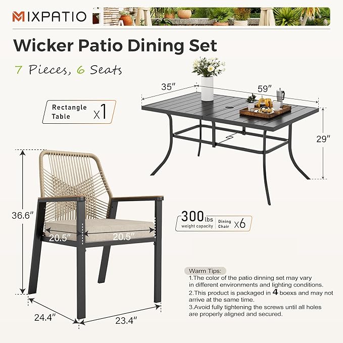 7 Pieces Outdoor Dining Set for 6, Patio Dining Set Wicker Rattan Chairs with Soft Cushion and Metal Rectangular Table, Wicker Patio Table and Chairs for Backyard Porch