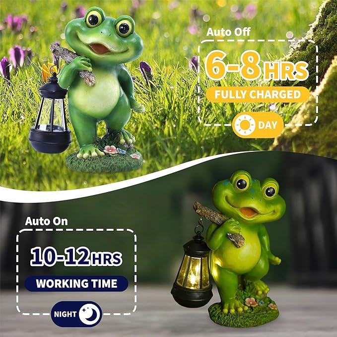 Outdoor Frog Garden Decor: 11'' Yard Decoration with LED Lantern Funny Solar Frog Statue Gifts for Women Mother's Day Housewarming Gift