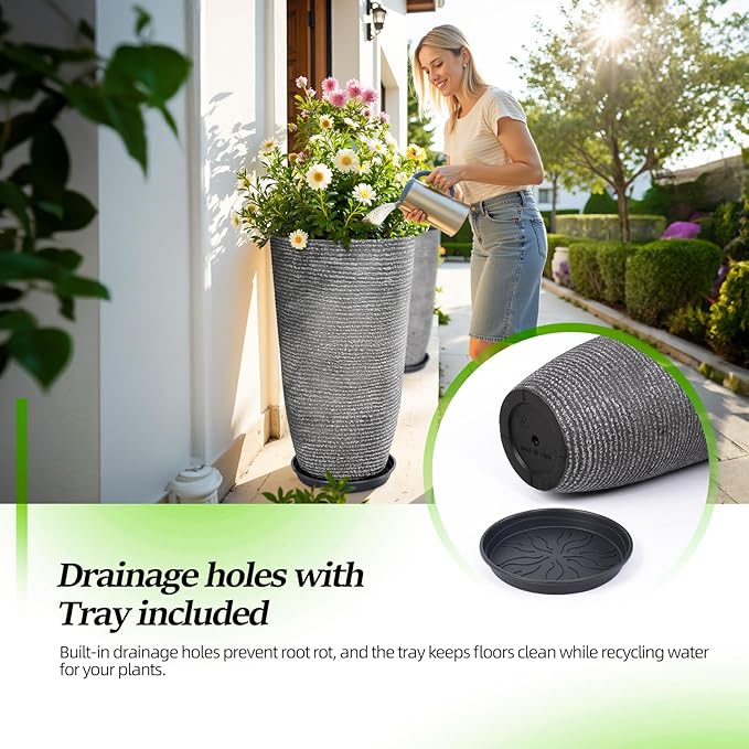 QCQHDU Large Tall Dark Gray Planters Set of 2-9 Gallon 12" Round Outdoor Planters for Front Door & Patio, Faux Stone Indoor Plant Pots with Tray, Porch Decor Plant Containers