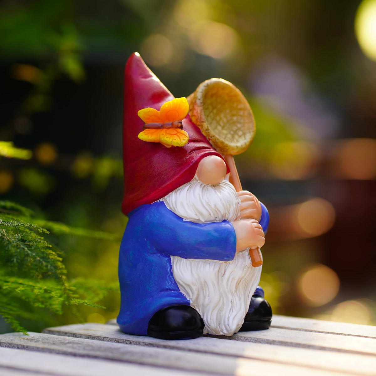 Garden Gnome Statue with Butterfly Net, Garden Decor