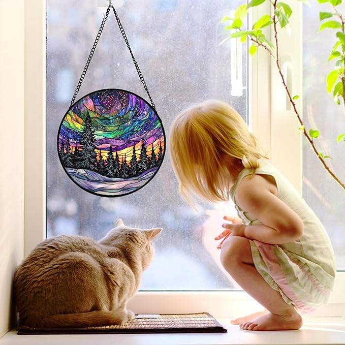 Stained Glass Window Hanging, Van Gogh Night Scene Sun Catchers Colorful Glass Panel Starry Sky Suncatcher Decor for Birthday for Women, Men, Wife, Aunt, and Mom 7.8 in