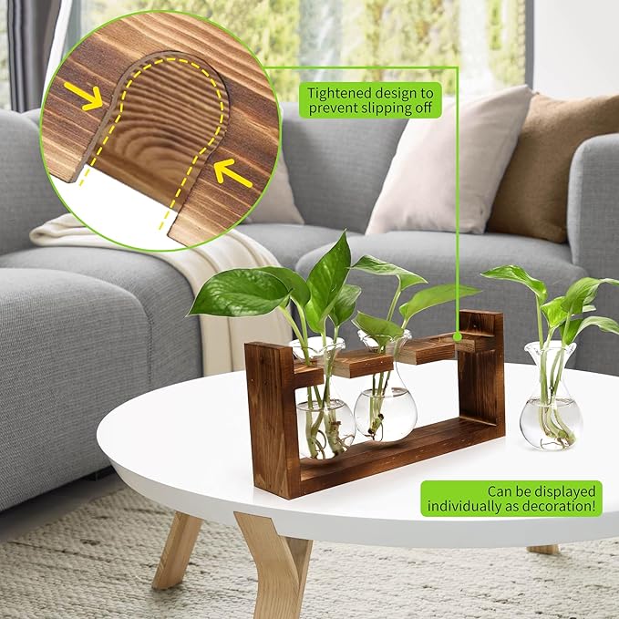 Plant Propagation Station Plant Terrarium Unique Birthday Gifts for Women Home Office Decor Planter with Wooden Stand - 3 Bulb Glass Vase