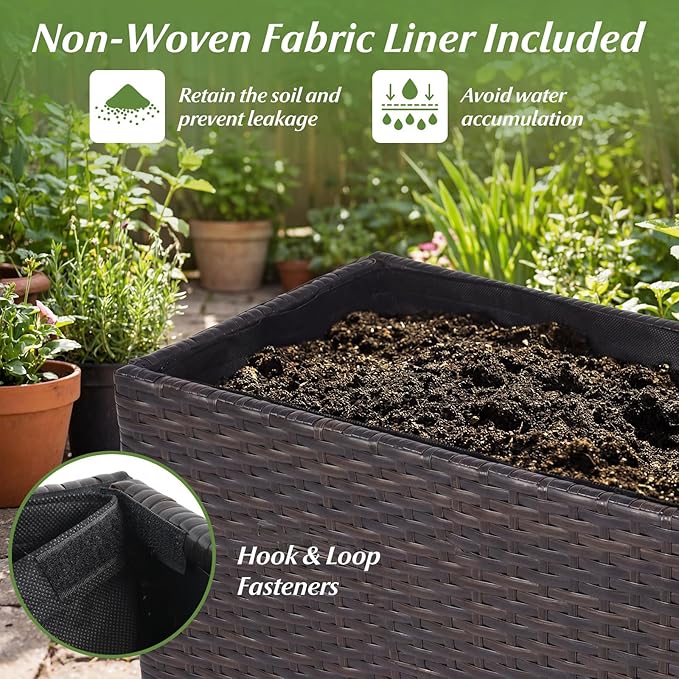 Giantex Set of 2 Wicker Raised Garden Bed, 32”x11”x24”, Rectangular Garden Planter Box w/PE Rattan, Liner Fabric, Wicker Patio Elevated Raised Bed for Vegetable Flower Herb Porch Balcony
