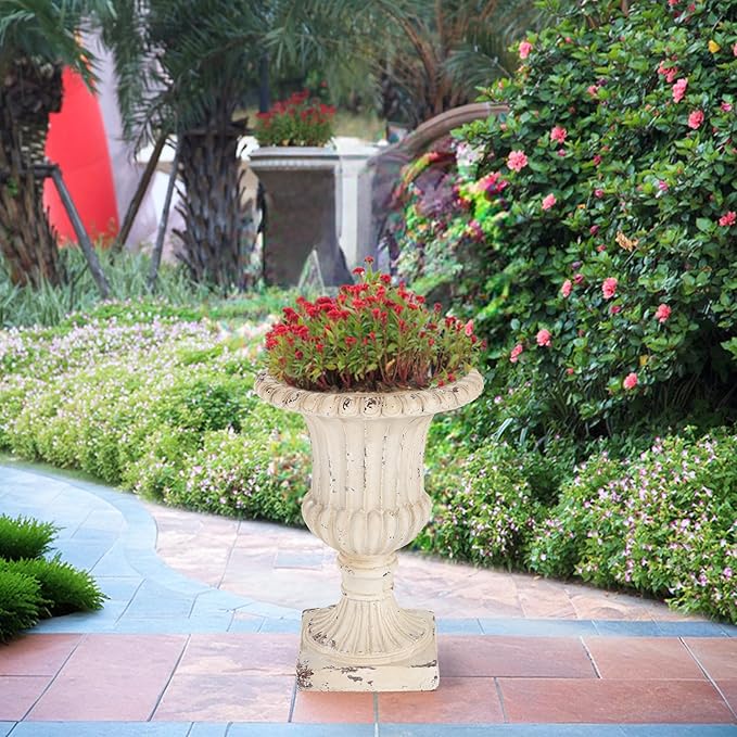 Christopher Knight Home Danny Patio Planter, Light Concrete Planter, Mid-Century Modern Urn, Floral Statue Design, Large Garden Pot, Flower Urn with Drainage Hole for Backyard Home, Antique White