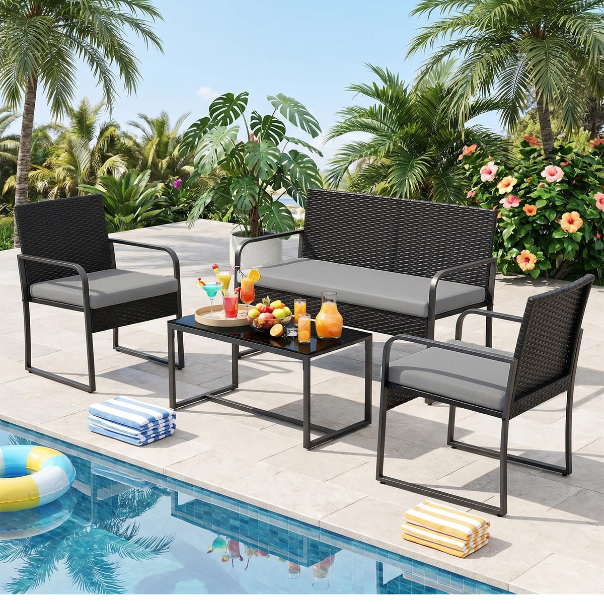 Gizoon 4 Piece Patio Furniture Set, Cushion-Grey
