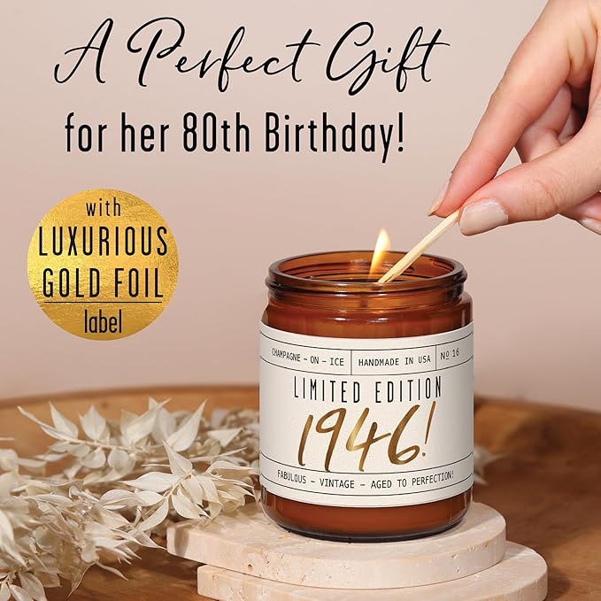 80th Birthday Gifts for Women - 'Limited Edition 1946' Soy, w/Champagne on Ice I 1946 Birthday Gifts for Women I 16oz Reusable Jar, 50Hr Burn, Made in USA