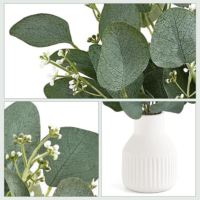 Dahey Artificial Eucalyptus Stems in Small Ceramic Vase Centerpiece Table Decorations Modern Farmhouse Decor Fake Eucalyptus Plants with Vase for Bathroom Kitchen Shelf Living Room Home Decor, White