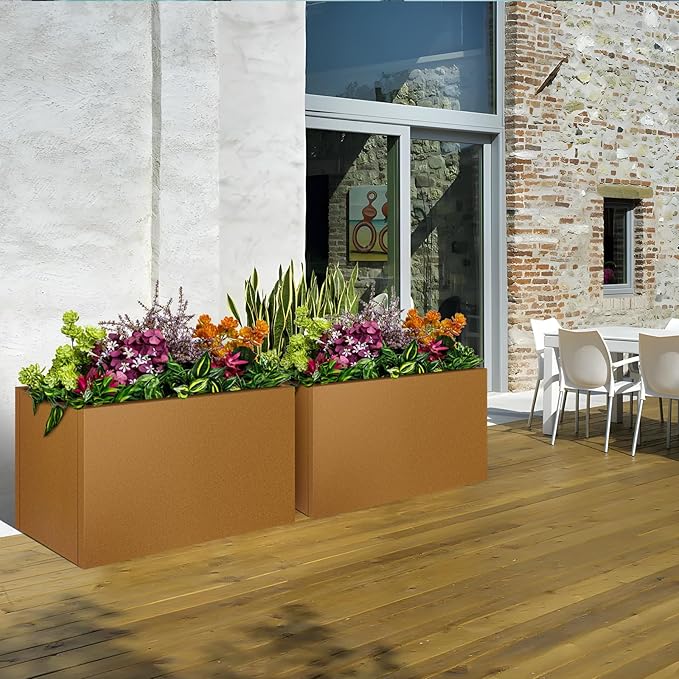 Meyoppm Corten Steel Planter Box 32"x16"x16", Rustic Metal Planter with Partitions & Drainage Holes, Frost Rust Resistant Heavy Duty Planter for Patio Garden Indoor Outdoor Commercial Decor