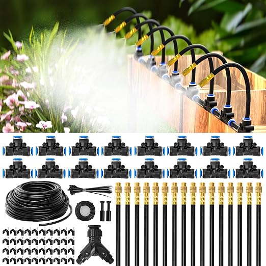 MIXC 100Ft 1/4" Drip Irrigation System,2026-Upgrade Garden Irrigation Kit with 16pcs Adjustable Copper Nozzles,Automatic Atomizing Watering Sprinkler System for Outdoor,Raisedbed,Lawn,Greenhouse