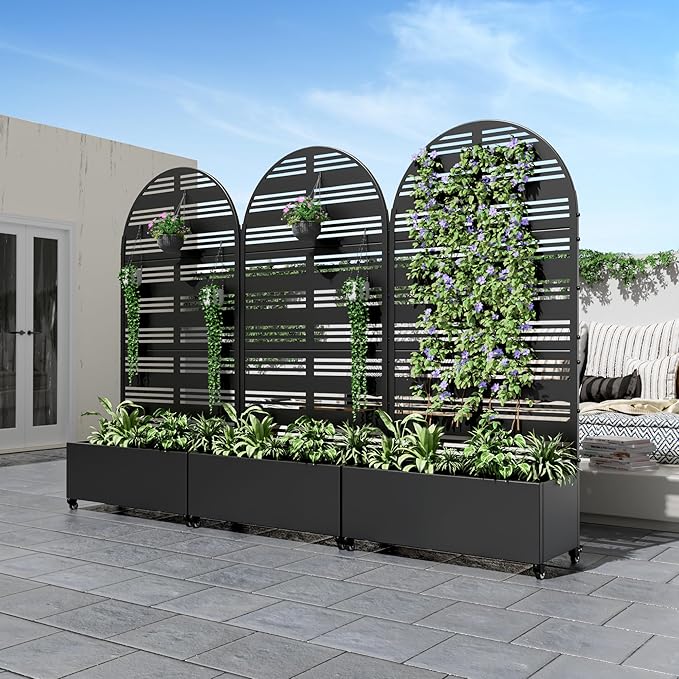 Casaphoria Metal Raised Garden Bed with Trellis and Wheels, 72"x35"x16" Arched Planter Box for Climbing Plants, Vegetables & Vines, Features Drainage Holes and Privacy Screen (Black-Harold)