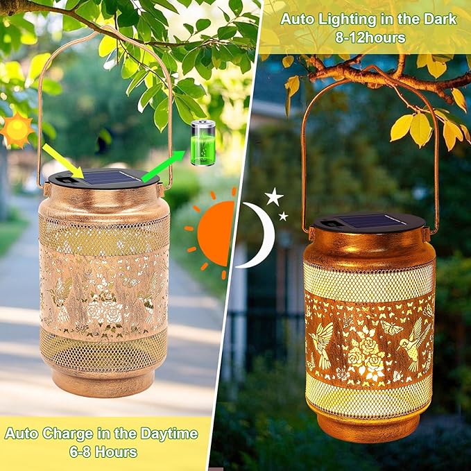 2 Pack Hummingbird Solar Lanterns Outdoor Waterproof Solar Garden Decor, Birthday Gifts for Christmas Women Mom Grandma, Metal Hanging Lights with Shepherd Hook for Yard Patio Pathway Backyard Porch