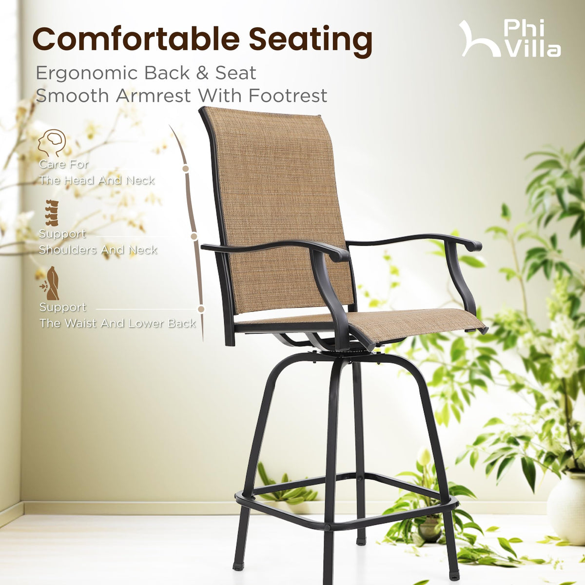 PHI VILLA 3 Piece Outdoor Swivel Bar Stools Set, Bar Height Patio Set