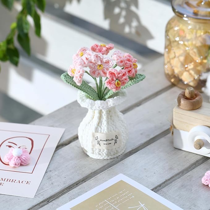 YOOJEE Forget-me-not Crochet Flower Potted Plant Pink - Handmade Desk Decor Valentines Day Gifts for Her Girlfriend Wife Mom Friends Sister Graduation Birthday Wedding Anniversary Home Decoration