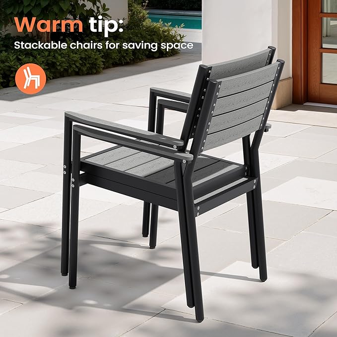 Pellebant Stackable Outdoor Dining Chairs Set of 6, Aluminum Patio Chairs with Arms, All-Weather for Garden, Lawn, Deck, Porch and Yard, Gray